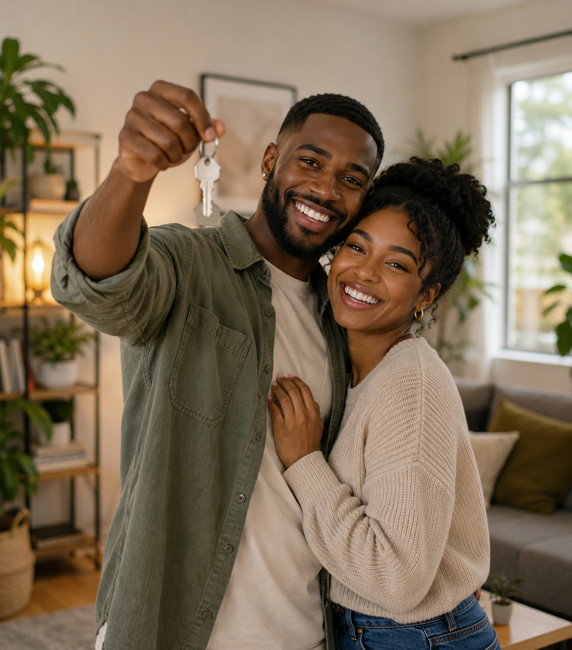 Happy couple holding keys to their new home.