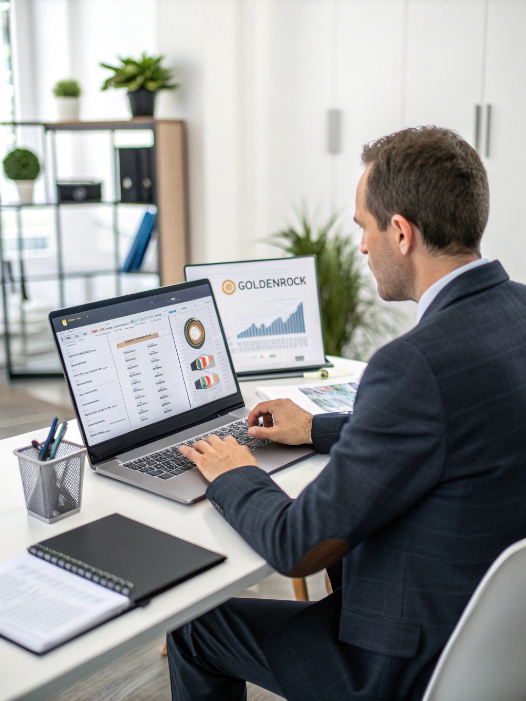 Professional broker reviewing property market analytics on a tablet