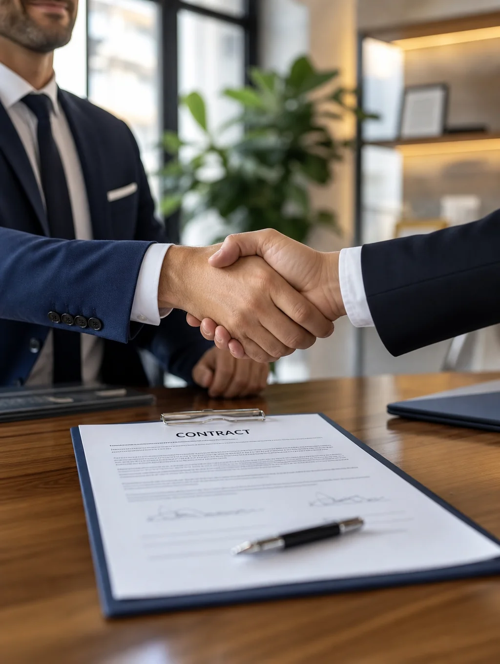 Handshake over a signed real estate contract on a mahogany desk
